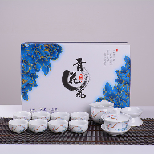 Porcelain Tea Set with Blue and White Glaze, Gift Set Manufacturer, White Porcelain Tea Set, Wholesale, Custom LOGO, Gift Boxed