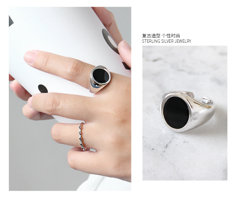 Korean S925 Sterling Silver Simple Epoxy Wide Face Open Women's Ring Ring Student Silver Jewelry display picture 5