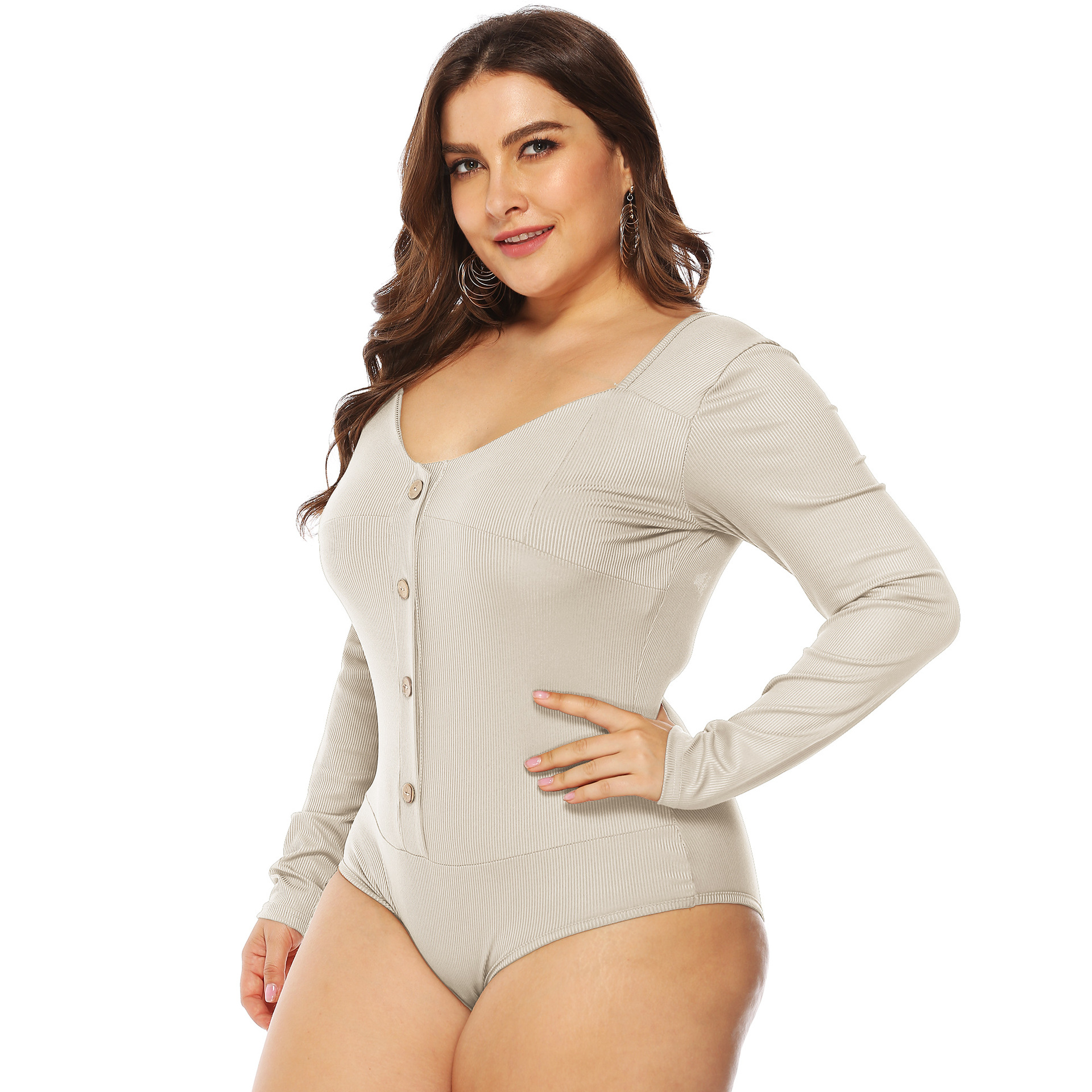 Plus size V-neck button front bodysuit NSOY46001