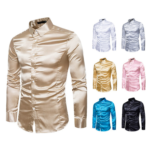 Men's pink silver gold blue host singers stage performance photos shooting shirts high quality shiny long-sleeved lapel collar satin silk shirt