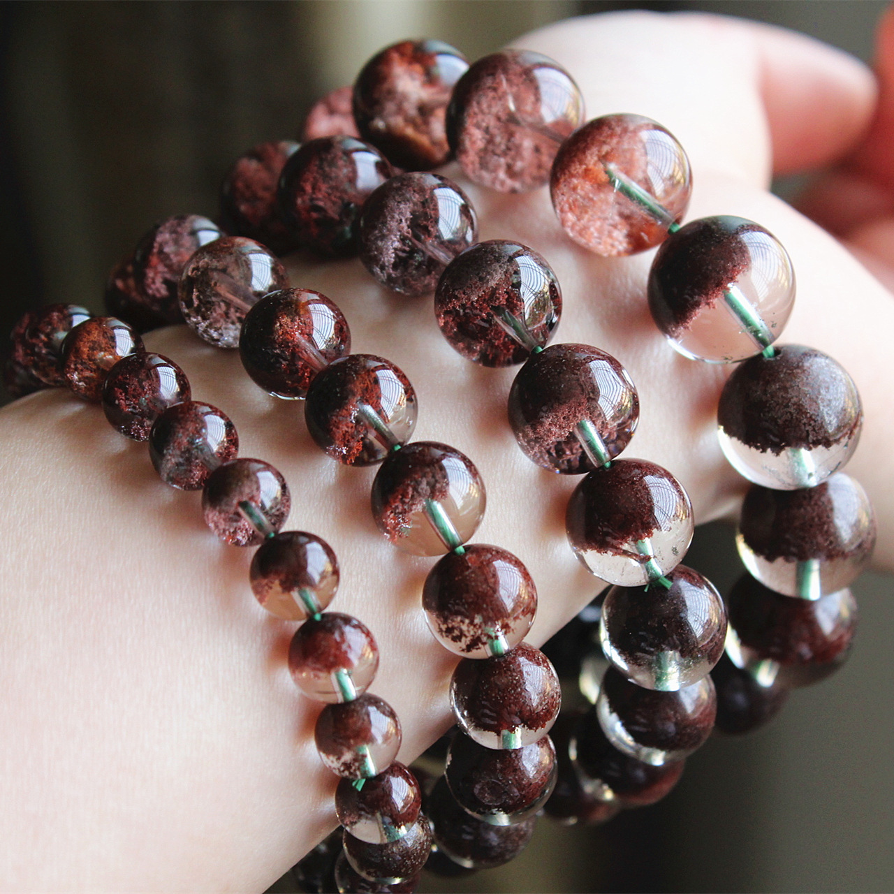 天然红绿幽灵手链女男 红幽灵聚宝盆手串单圈水晶手链时尚饰品