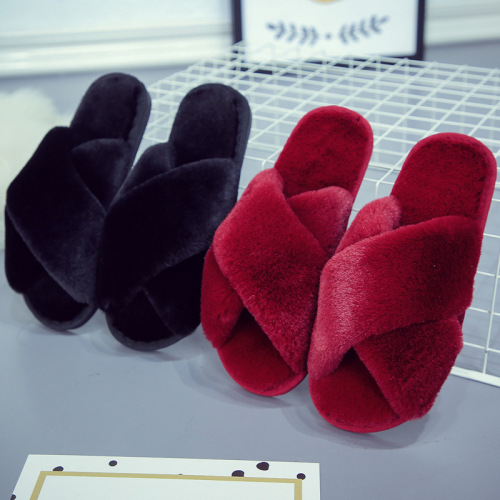Cross furry slippers for women winter foreign trade Amazon large size indoor plush flat floor slippers open toe warm cotton slippers