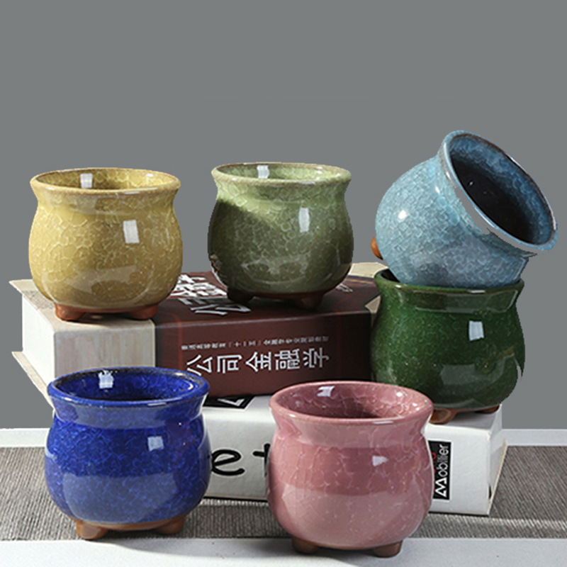 A冰裂陶瓷多肉花盆创意多彩家庭园艺花盆办公室桌面绿色盆栽花盆|ru