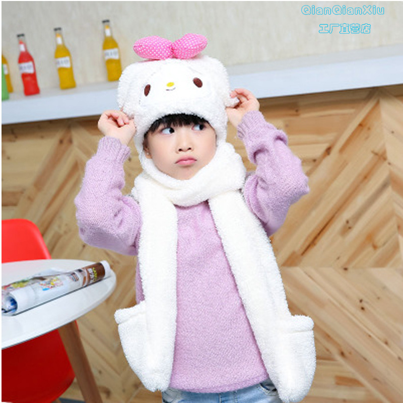 秋冬款兒童可愛圍巾三件壹體寶寶圍巾帽子手套三件套加厚保暖套裝