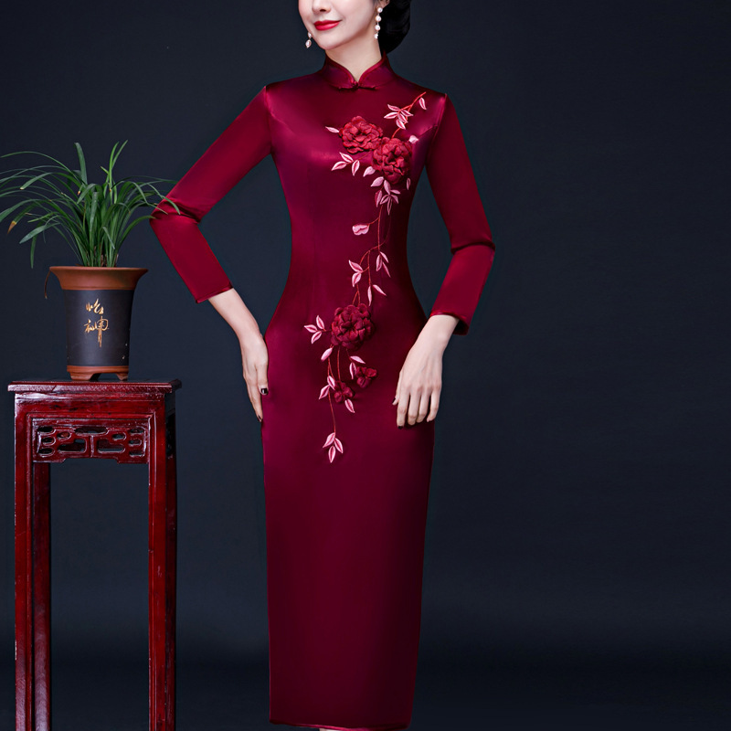 white christmas dresses White Jacquard Floral Long Cheongsam Qipao Dress
