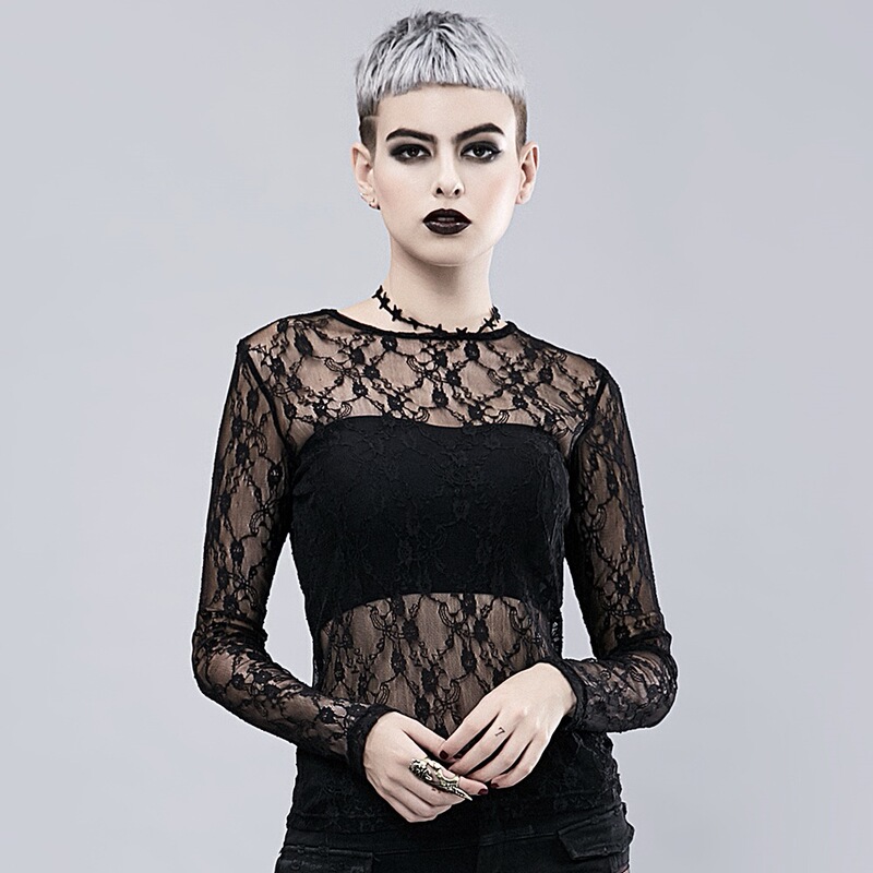 2020 new European and American punk Halloween hollow transparent lace long sleeve court Gothic stage performance T-shirt for women
