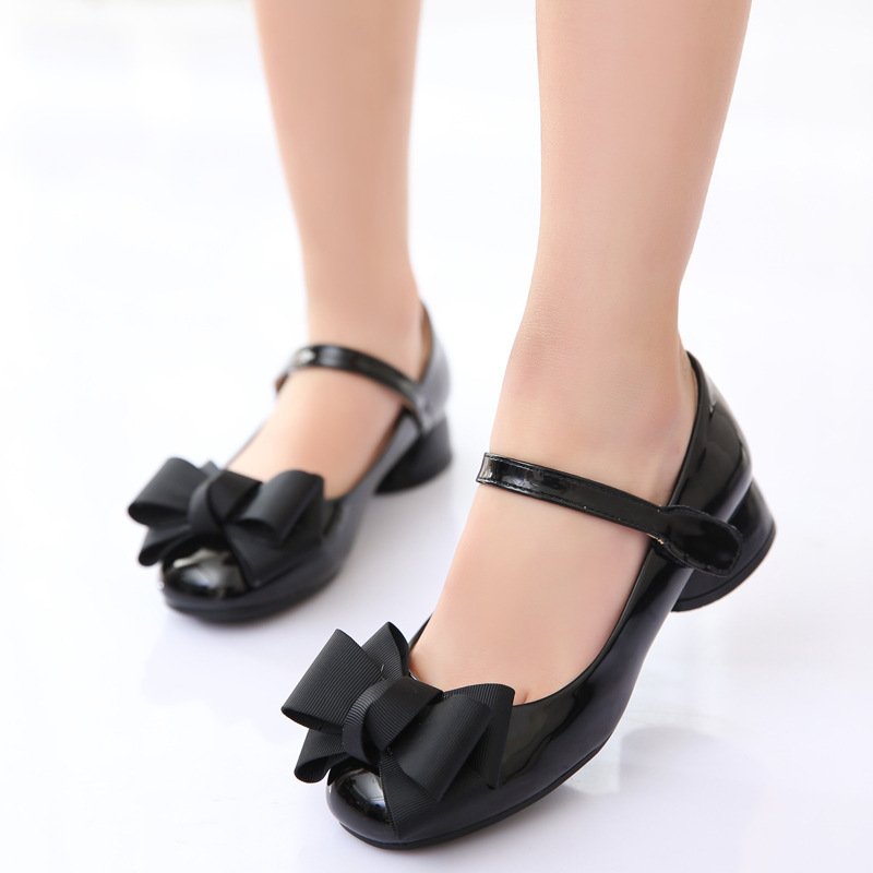 New Children's Shoes Middle-aged Children's Bow Performance Shoes Velcro Girls' High-heeled Single Shoes