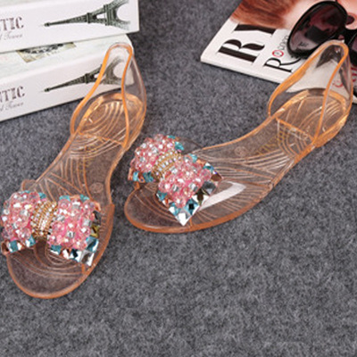 涼鞋女夏季新款 韓版水鑽蝴蝶結果凍女鞋 時尚休閑平跟鞋子