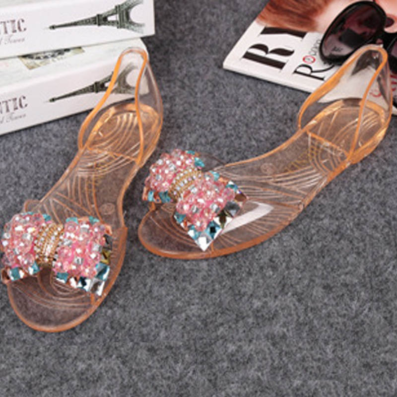 涼鞋女夏季新款 韓版水鑽蝴蝶結果凍女鞋 時尚休閑平跟鞋子