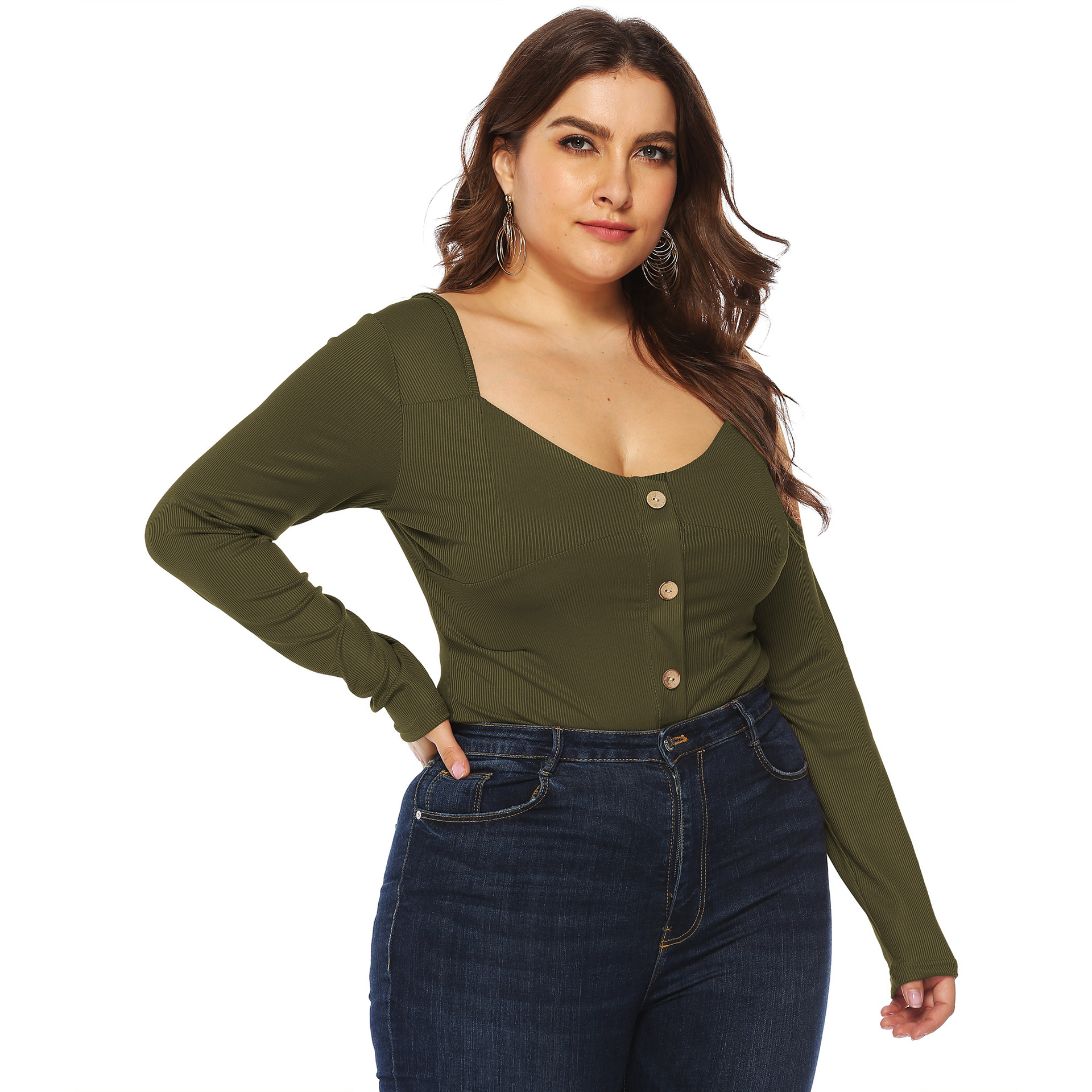 Plus size V-neck button front bodysuit NSOY46001