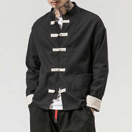中国风复古男装秋季新款男士盘扣立领开衫大码时尚棉麻夹克外套