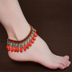 Hand-woven Tibetan-style layered fringe retro ankle chain with ethnic charm, court-style ankle accessory for women, ancient-style jewelry