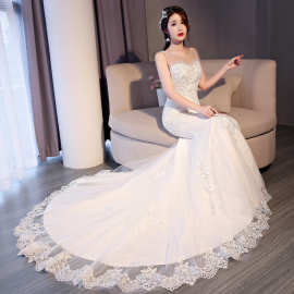 2023新款婚纱礼服新娘结婚韩式修身显瘦一字肩鱼尾白色婚纱小拖尾