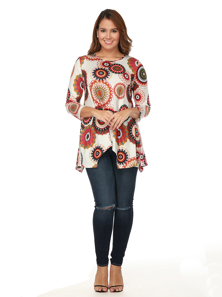 Fall Floral Print Top Polka Dot Round Neck Asymmetrical Design Casual Wear Wholesale Available