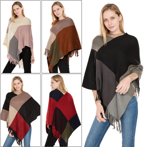 Manufacturer wholesale large square color-blocked knitted warm shawl European and American autumn and winter new imitation cashmere tassel pullover cloak