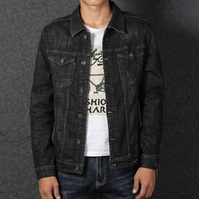春季新款潮流修身长袖开衫休闲外套青年男装韩版黑色牛仔衣服批发|ru