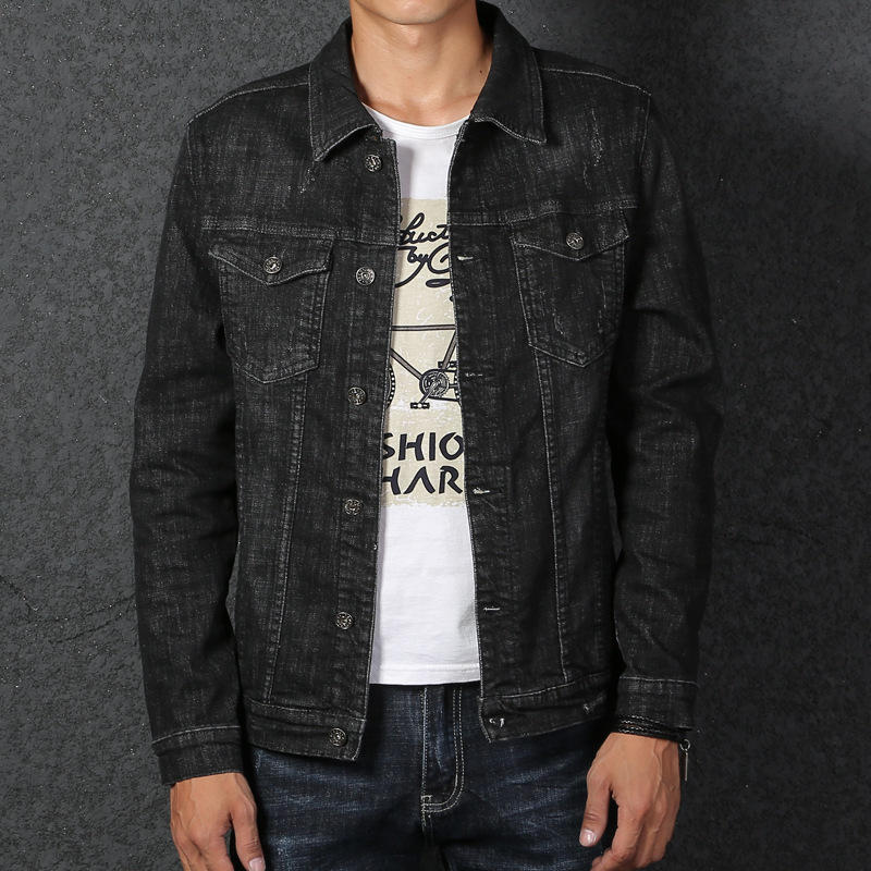 春季新款潮流修身长袖开衫休闲外套青年男装韩版黑色牛仔衣服批发|ru