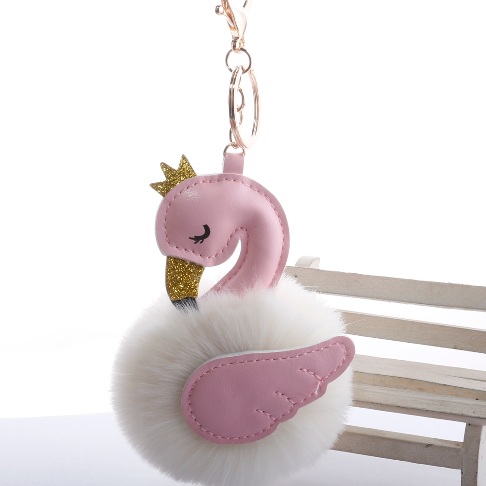 Cute PU swan 8cm fur ball keychain imitation rex rabbit fur ball flamingo bag car key pendant wholesalepicture12