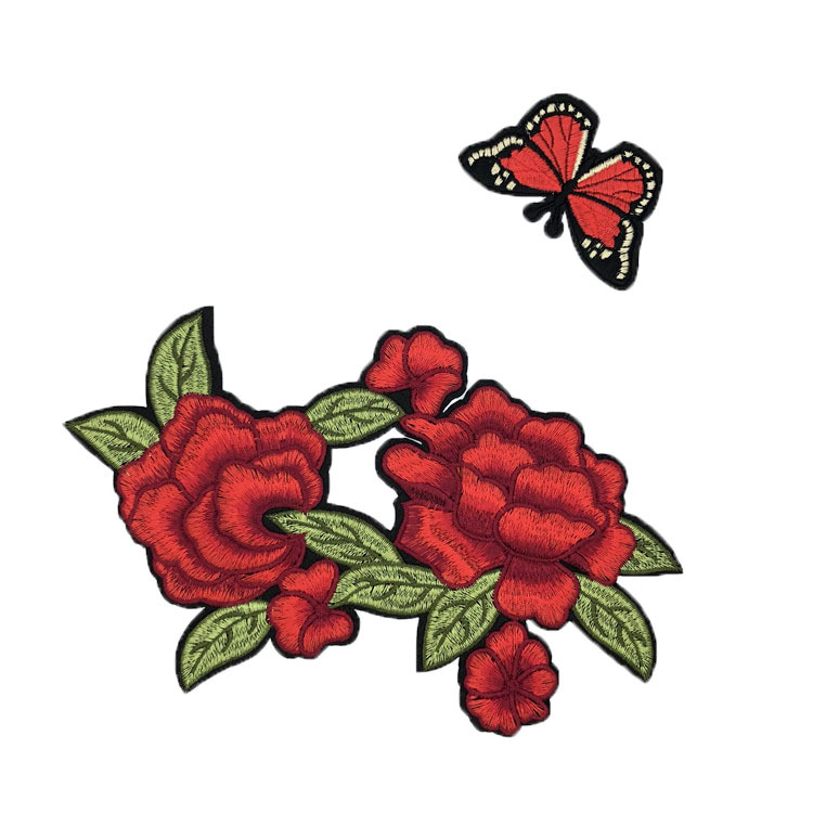 新款牡丹花刺绣布贴外套裤子装饰辅料背胶熨烫补丁贴蝴蝶绣花章