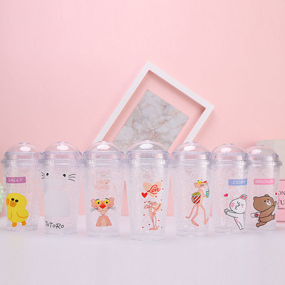 創意塑料杯可愛吸管粉紅豹碎冰杯夏日制冷冰杯個性可愛隨手杯子