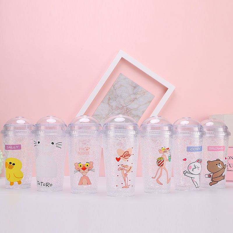 創意塑料杯可愛吸管粉紅豹碎冰杯夏日制冷冰杯個性可愛隨手杯子