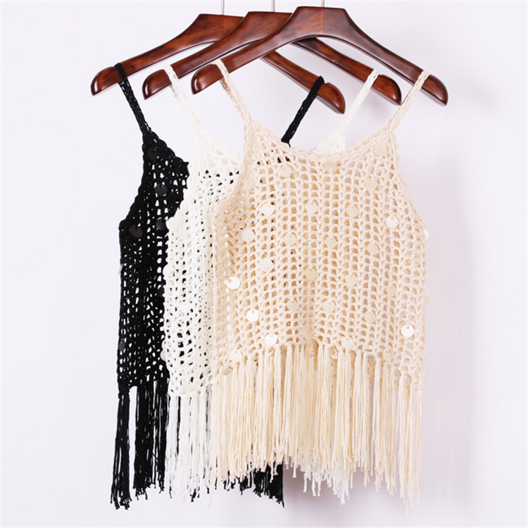 2018夏裝新款女裝鏤空亮片手勾針織罩衫時尚流蘇性感吊帶背心女