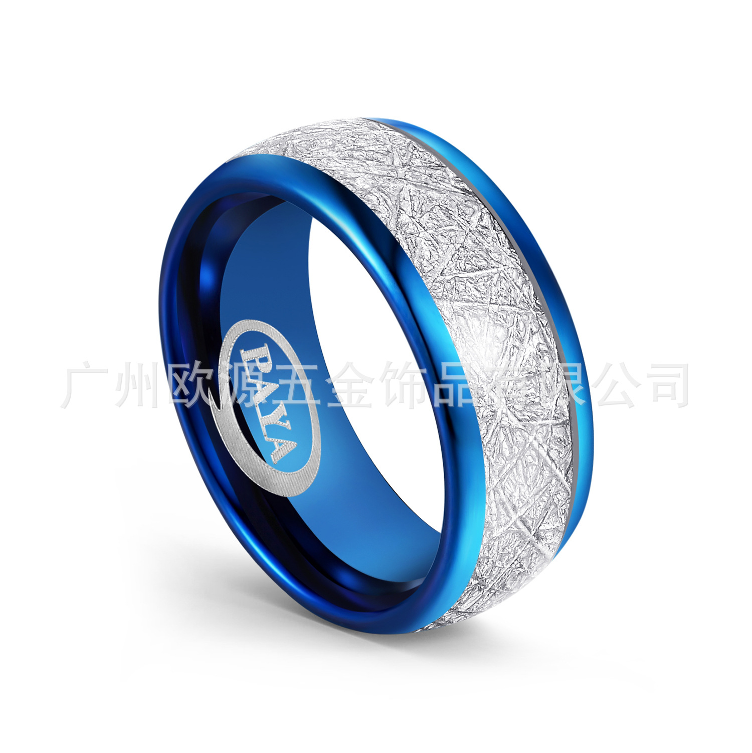 广州欧源工厂直销 欧美风蓝色镶嵌金银丝 钨钢情侣戒指 定制镭射