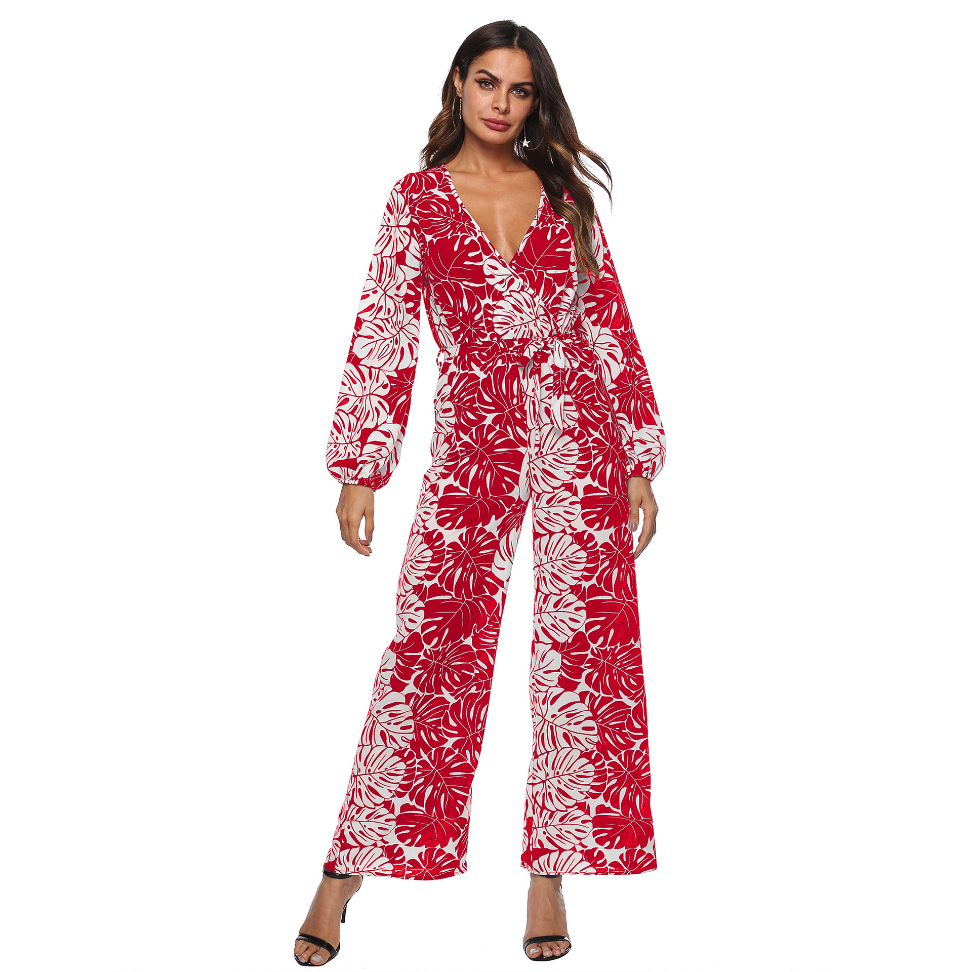 Chiffon Printed Long Sleeve Wide Leg Jumpsuit Deep V Neck Tie Waist Elegant Design Perfect for Spring Summer Events