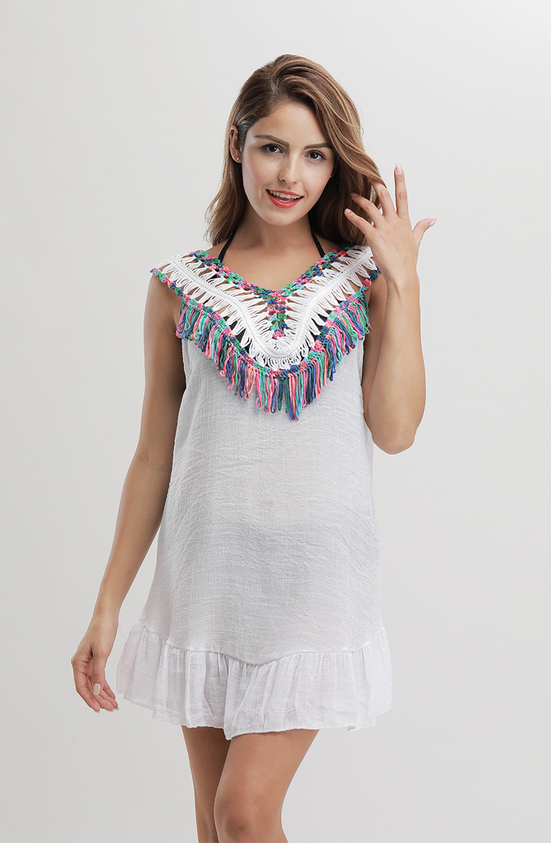 Sexy Hollow Out U Back Knit Top with Tie Detail Colorful Pom Fringe Casual Wear Wholesale Available