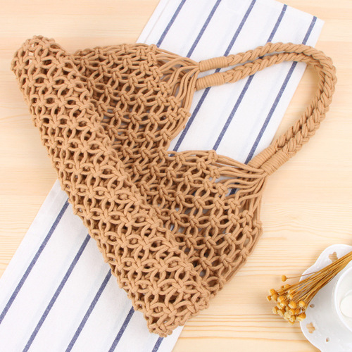 one shoulder woven bag chaonvsen straw bag handmade cotton rope net bag beach bag