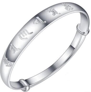 六字真言推拉心經手镯亮面銀镯結緣手镯銀飾品首飾禮品批發