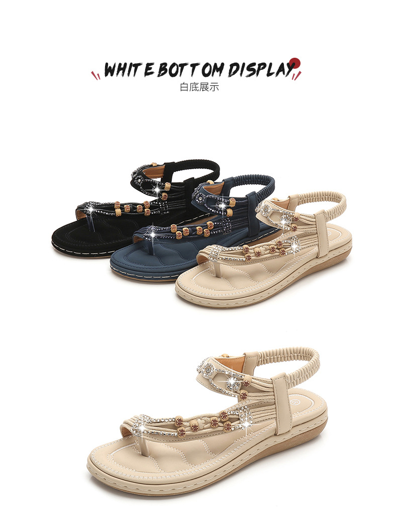 Plus-size women's shoes, Bohemian sandals, retro rhinestone beaded sandals, round-toed flat sandals, and cowhide soft-soled shoes undefined
