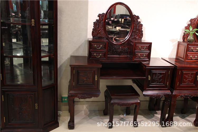 印尼黑酸枝梳妝台仿古雕花彎腳1.2米絨毛黃檀紅木化妝凳梳妝桌