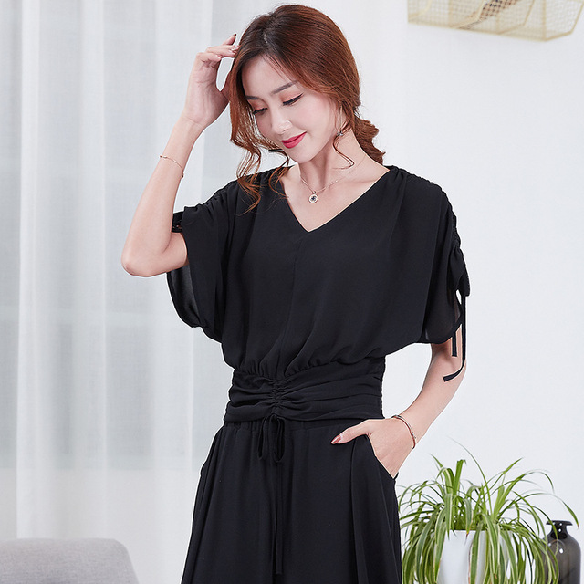 summer Pleated Chiffon shirt irregular bat sleeve V-neck Chiffon 