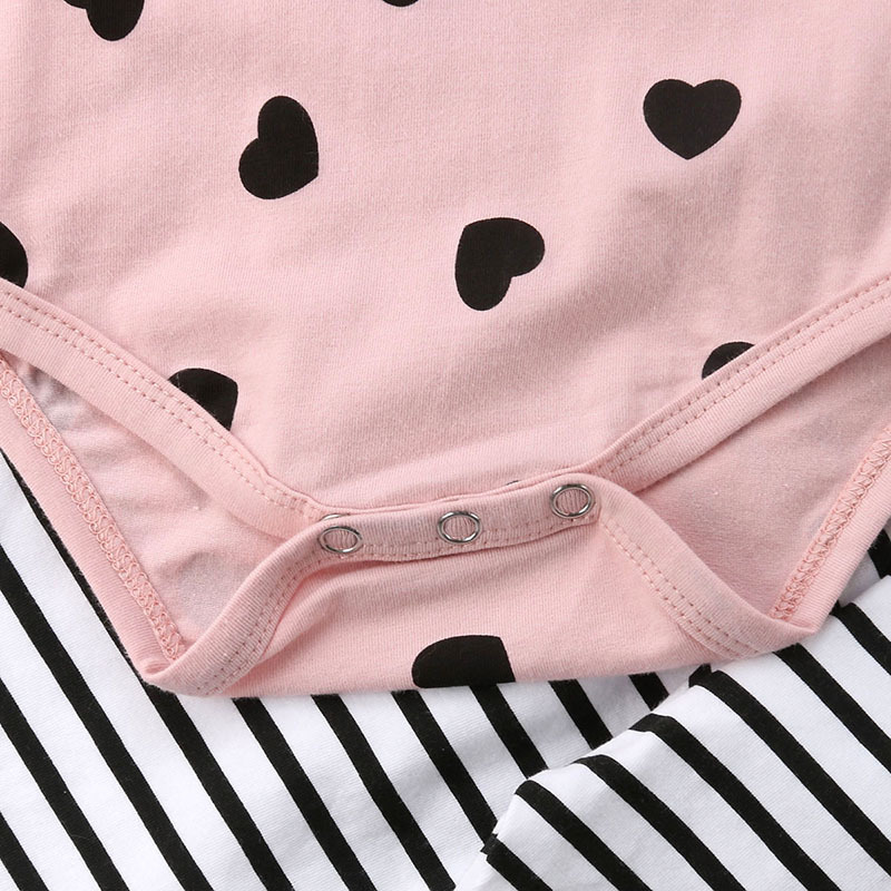 Baby Long Sleeve Love Print Harness Stripe Trousers Hairband Set Pink Three-piece Kids display picture 3