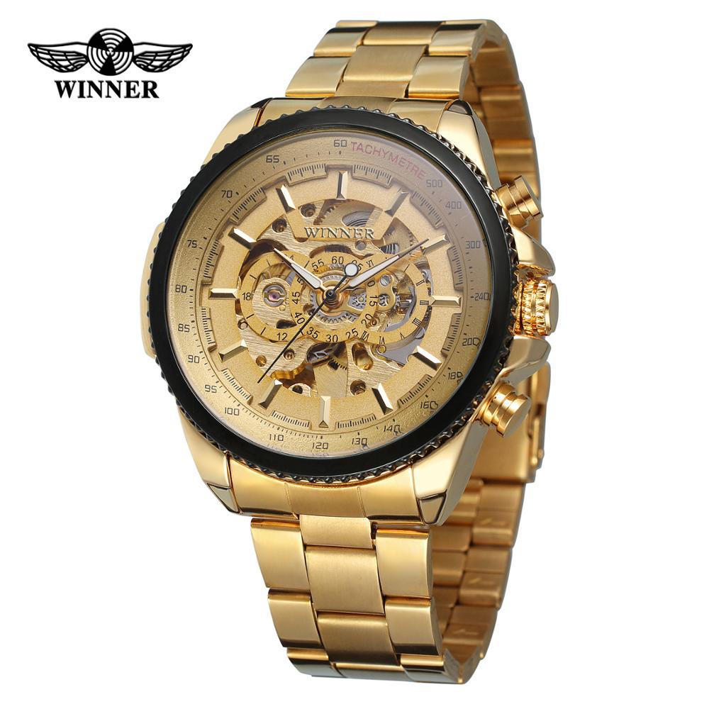 Ganador hombres de moda casual reloj hueco movimiento mecánico gran dial reloj de oro reloj mecánico automático 428