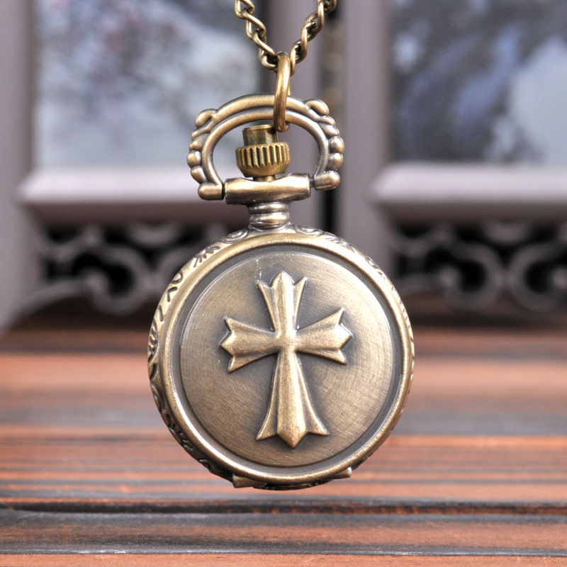 Small bronze solid cross quartz pocket watch with necklace a generation of 8925