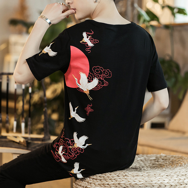 國潮夏季中國風男裝 刺繡印花圓領短袖T恤寬松 日系嘻哈青少年上