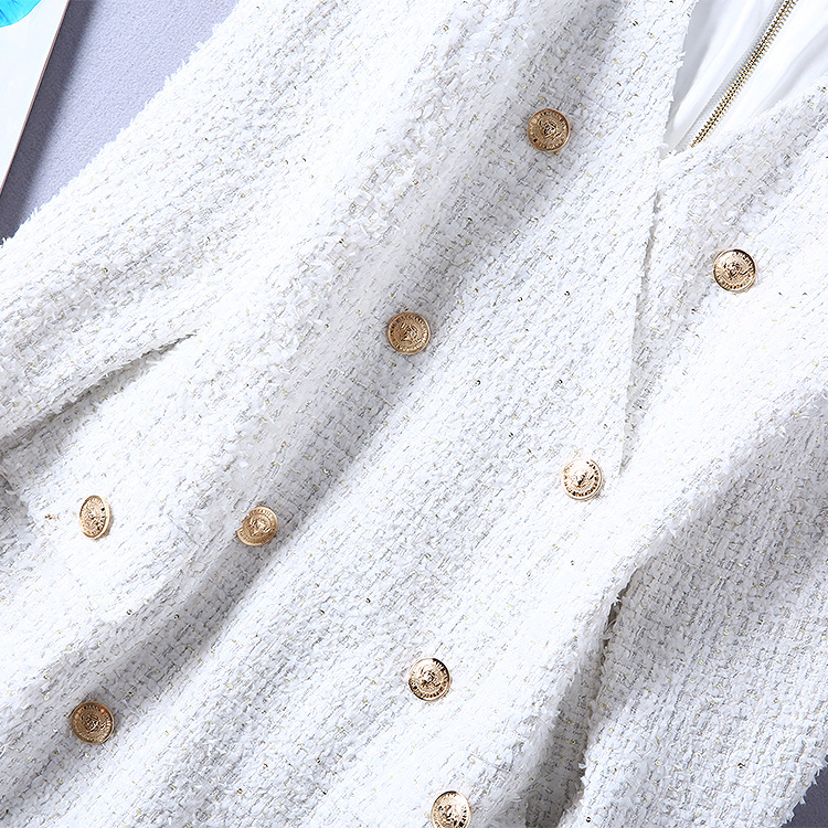 1008-14 流苏边双排扣V领气质连衣裙码数S M L X