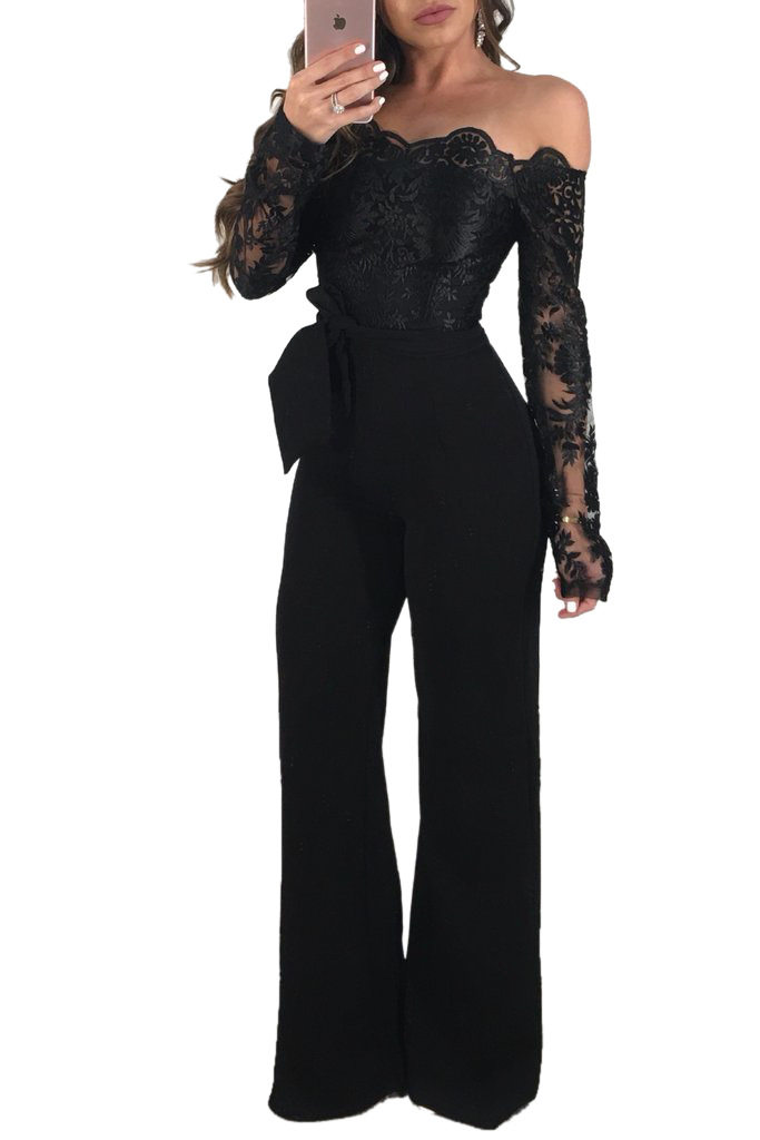 Casual Water-Soluble Lace One-Line Collar Wide-Leg Jumpsuit NSOSM65276