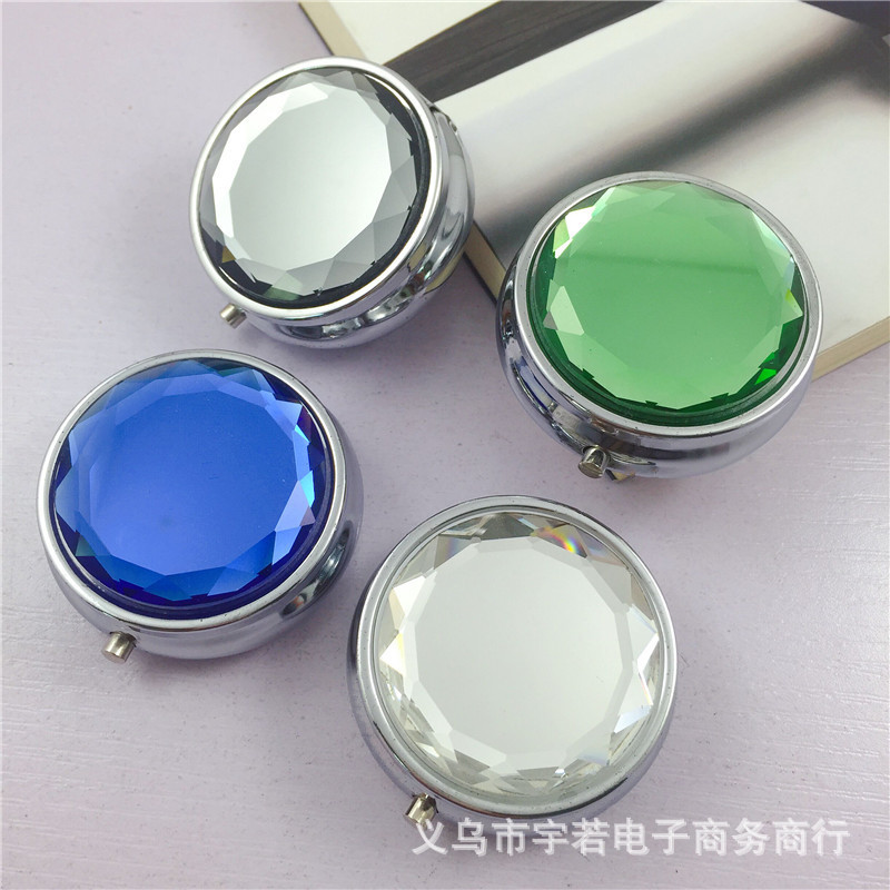 水晶玻璃药盒 圆形三格金属药盒便携简易药丸盒 糖果盒