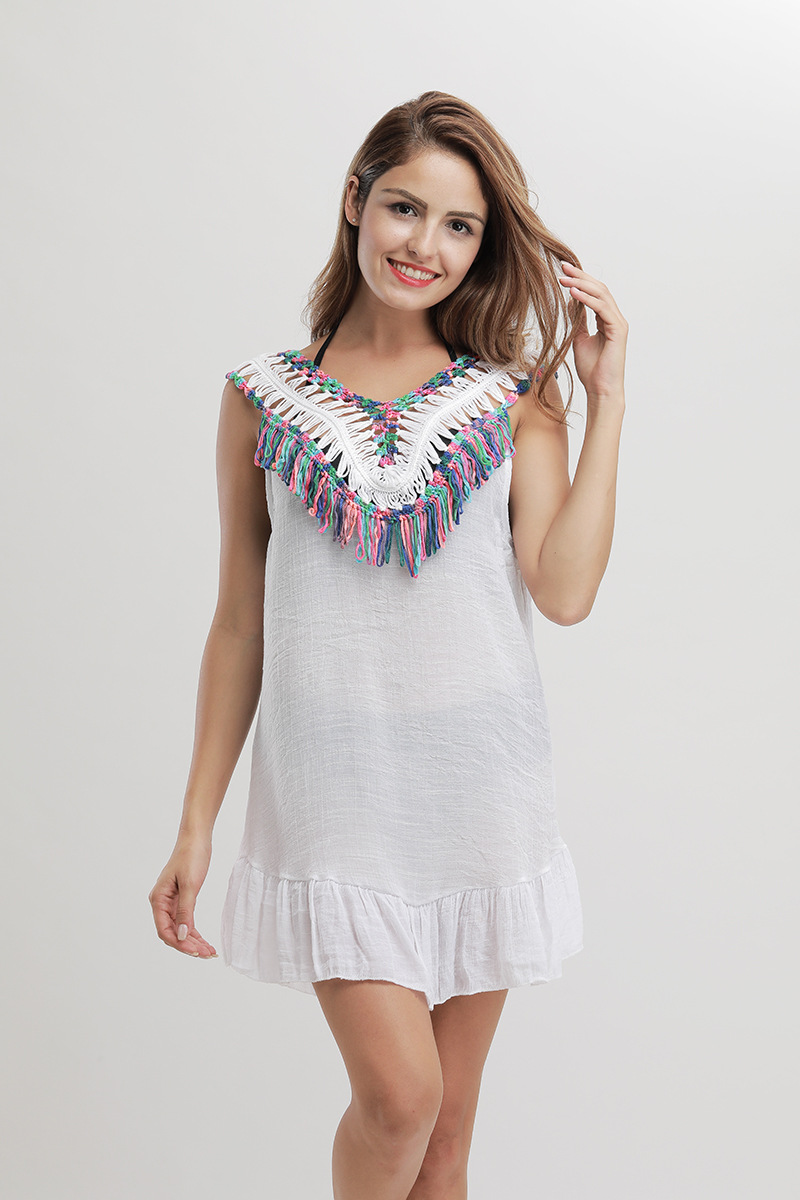 Sexy Hollow Out U Back Knit Top with Tie Detail Colorful Pom Fringe Casual Wear Wholesale Available