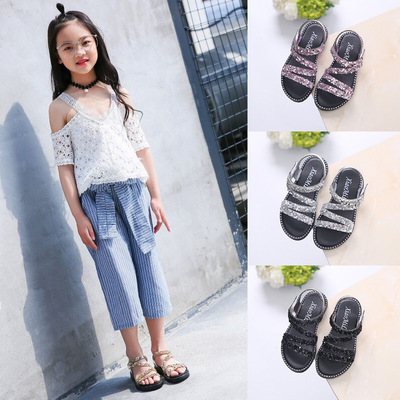 2019夏季韓版新款涼鞋女童公主鞋時尚亮片兒童鞋魔術貼軟底露趾鞋