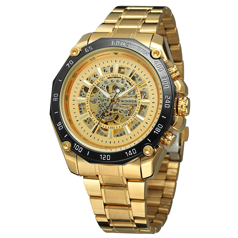 Venta caliente de los hombres de T-WINNER427 casual reloj mecánico automático hueco-fuera de la correa de acero inferior transparente reloj de negocios mecánico