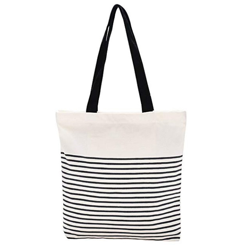 手提黑白条纹帆布袋简约环保购物袋拉链收纳袋拎包tote bag