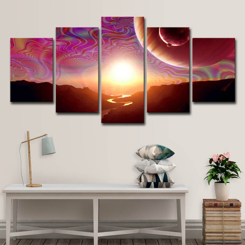 Cross-border wish, cross-border 5 piece canvas art Psychedelic Sunrise Modern canvas photo wall living room decoration