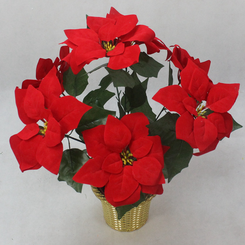 7头加密14叶一品红绒布花 吉燕仿真花批发 仿真植物圣诞礼品花束