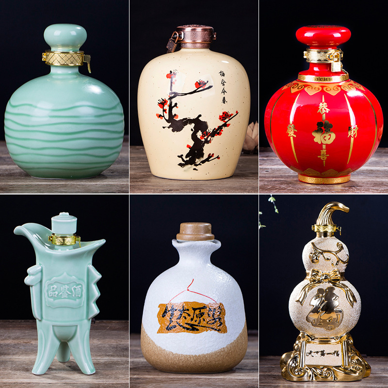 景德镇酒瓶陶瓷泡酒坛子陶瓷白酒壶酒罐镀金磨砂空酒瓶5斤厂家
