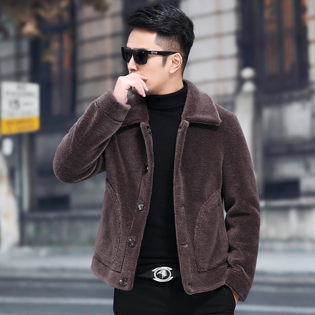 2019新款羊剪绒皮毛一体男士冬季短款羊毛大衣真皮海宁皮草外套潮|ru