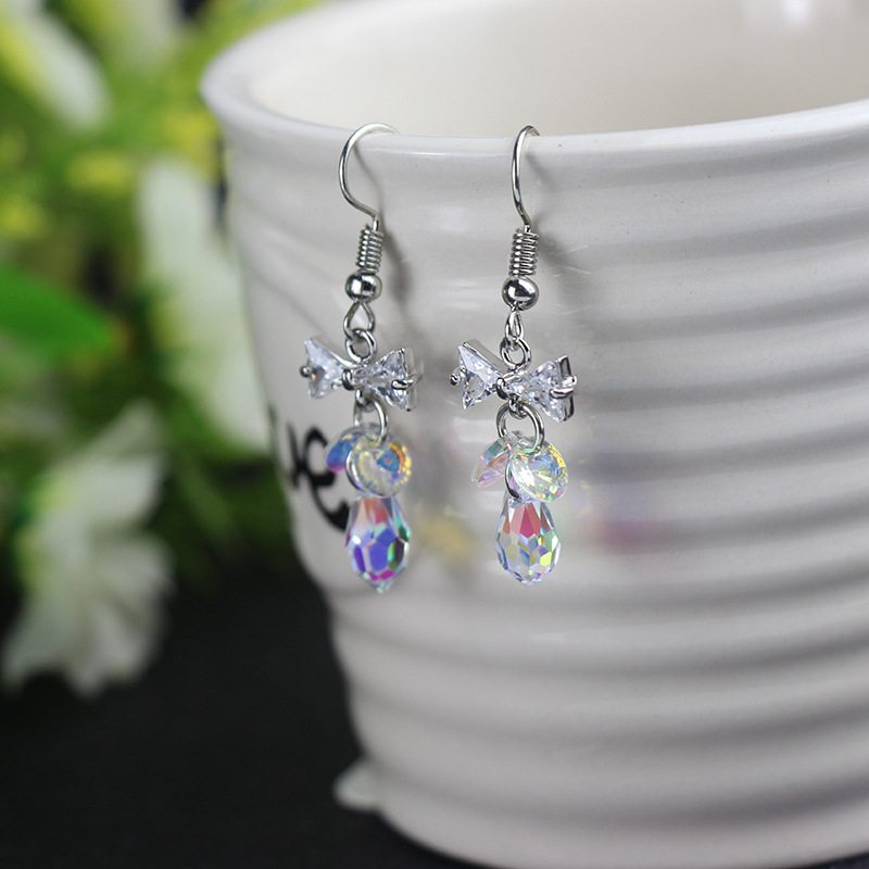 新款蝴蝶结耳环女 奢华水晶锆石甜美可爱耳饰 个性闪耀水滴耳坠